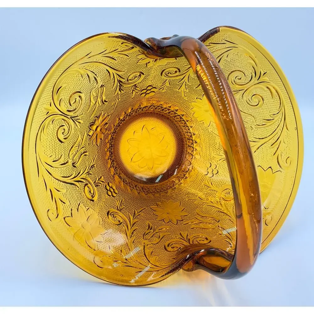 Brockway Indiana Glass Large Tiara Amber Sandwich Handled Basket Signed J.T.